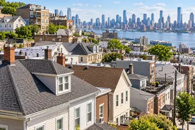 Illustrative residential rooftop scene, not a verified photograph of the named city